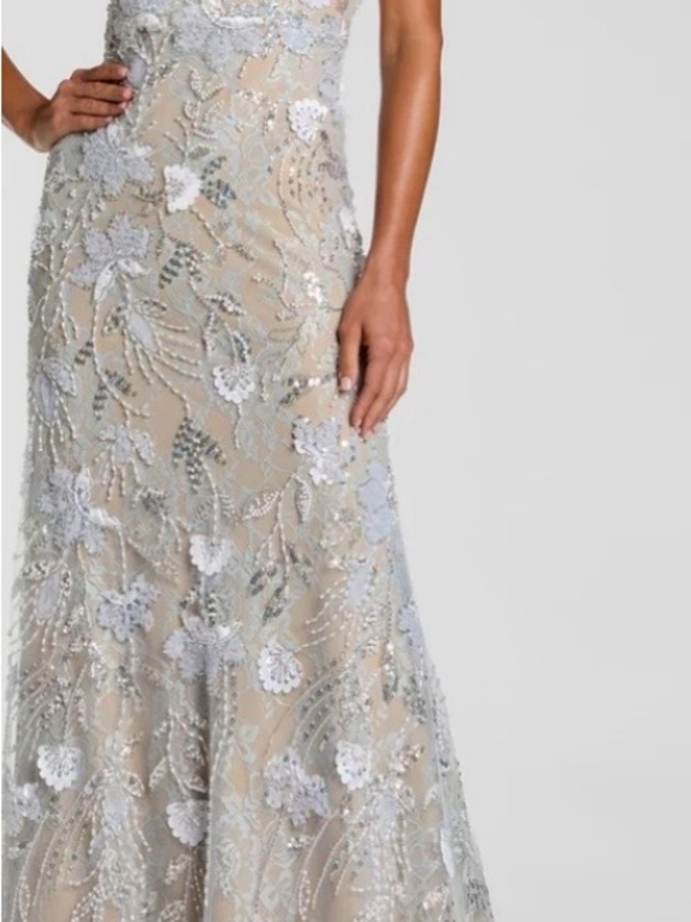Mac Duggal Light Blue & Nude Beaded Floral Maxi Gown